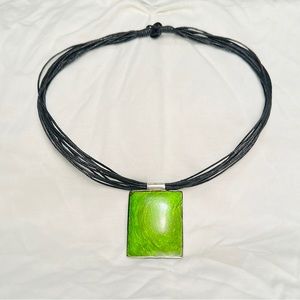 Glass Pendant Green Hand Blown Glass By Local Cambria CA. Artist on Black Rope